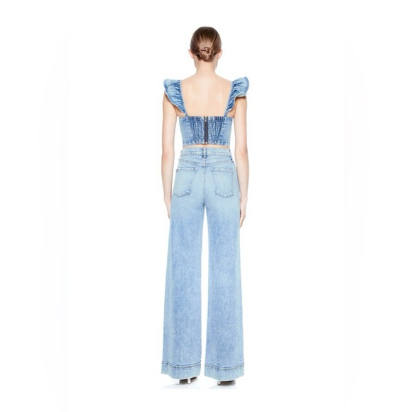 Alice + Olivia Kiley Denim Flutter Sleeve Crop Top - Picture 3 of 5